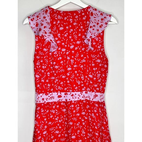 Parker Jennifer Kaia Print Ruffle Combo Wrap Midi Dress Red/Pink Women's Size 6 - Picture 7 of 10